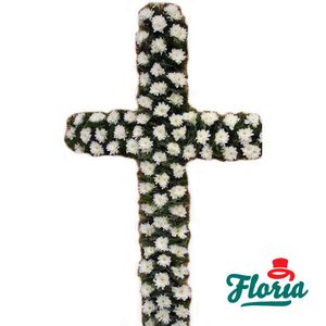 Funeral cross with white chrysanthemums