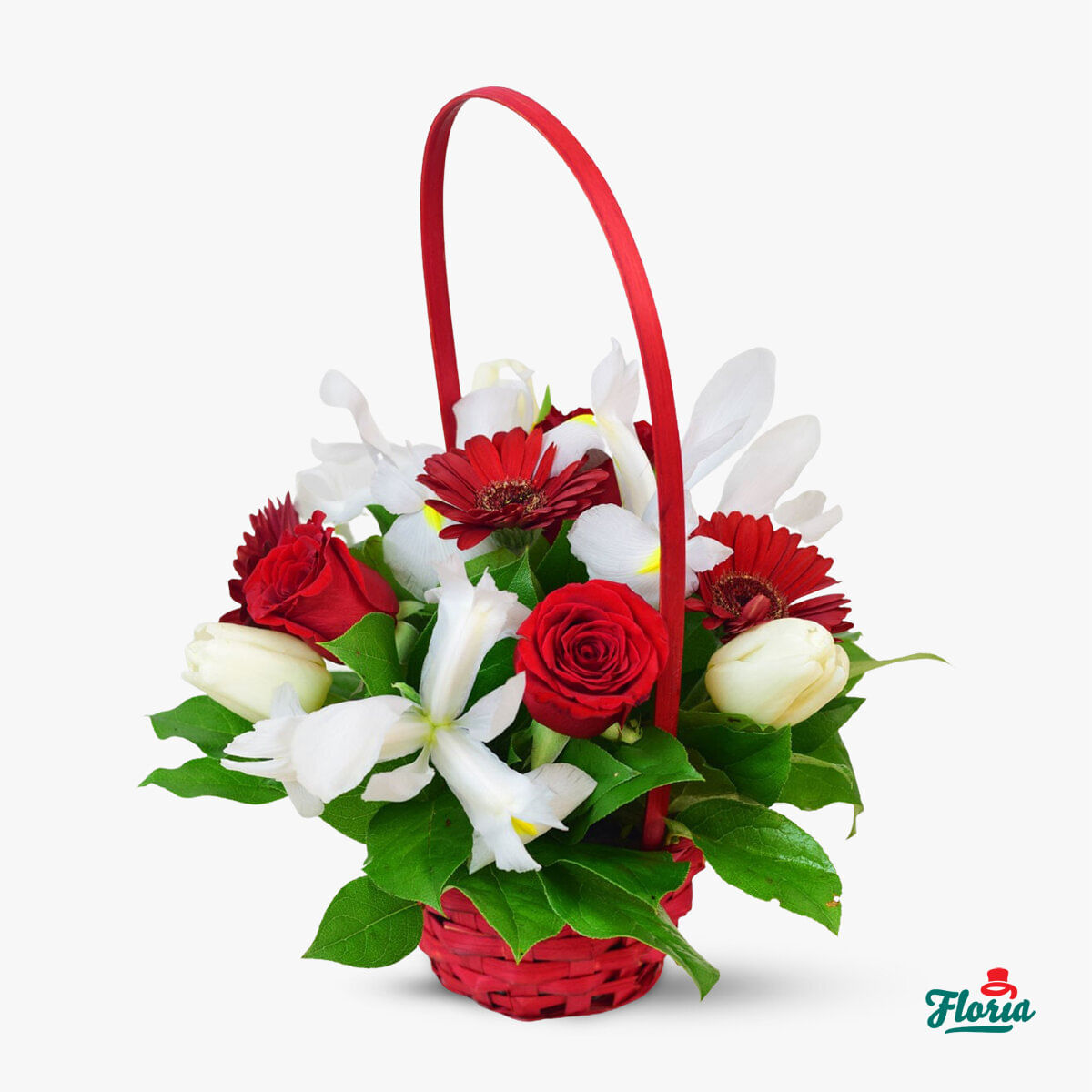 Cos cu flori – Aranjament cu irisi si trandafiri – premium