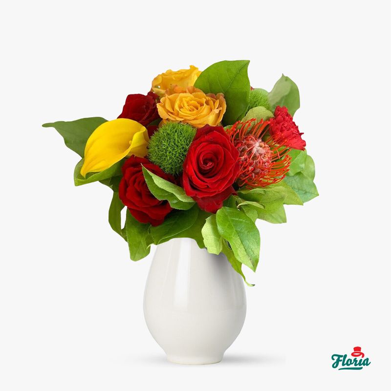 Buchet cu trandafiri rosii si cale galbene - Premium