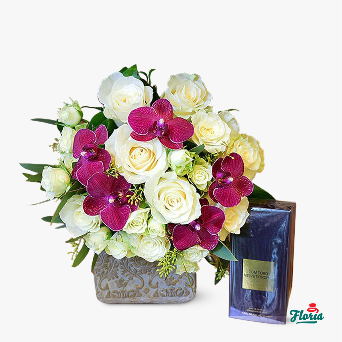 Dragoste cu parfum Velvet Orchid, 9 trandafiri albi, 5 phalenopsis mov, 2 minirosa albe