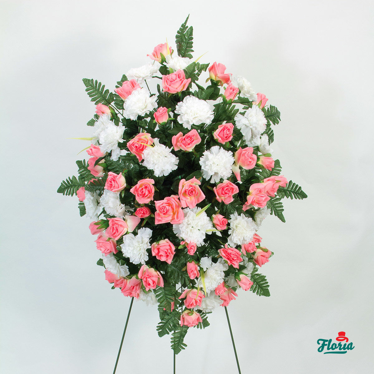 Cruce cu garoafe roz, crizanteme si frezii albe – Standard albe