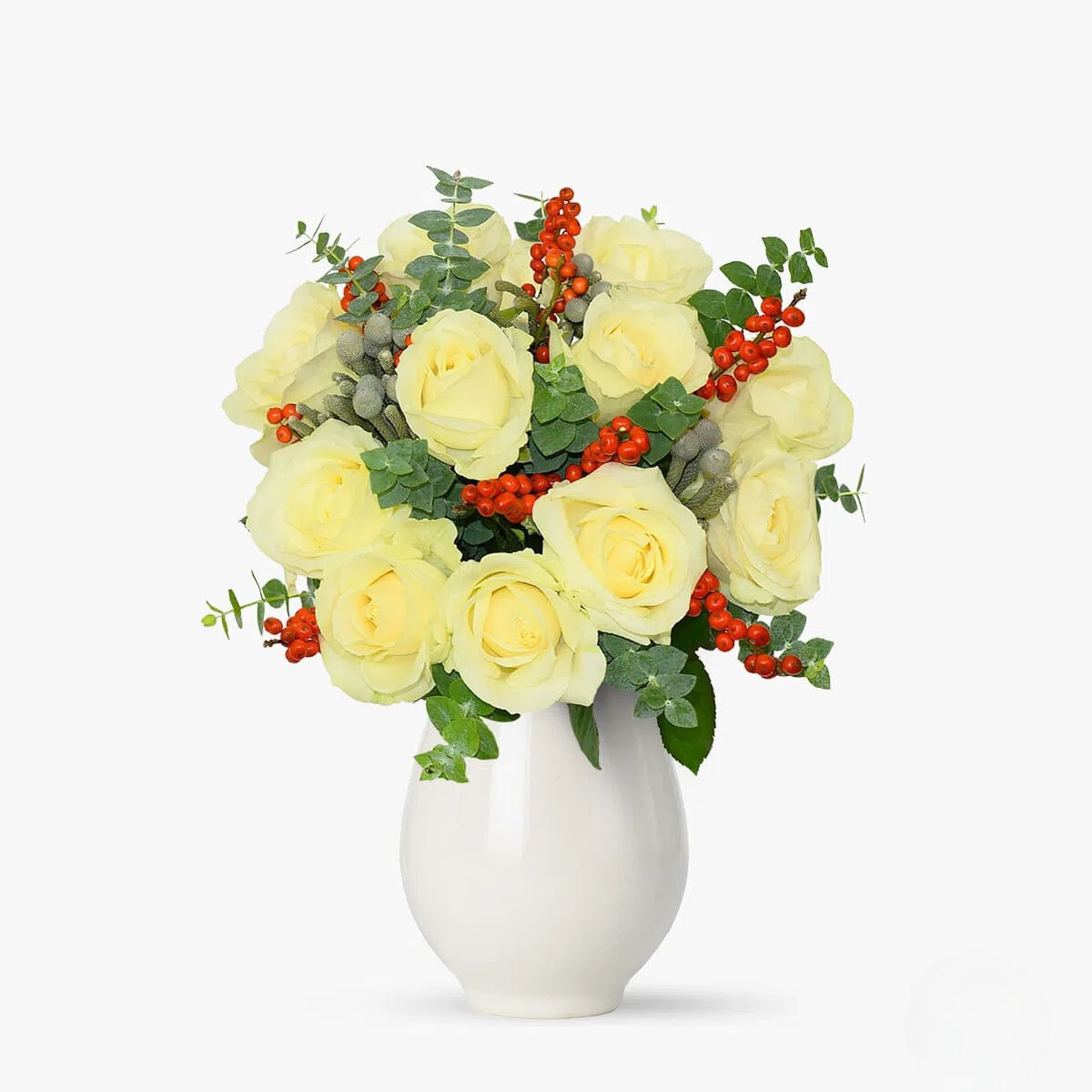 Buchet de flori cu 11 trandafiri albi, 1 ilex, 2 brunia, verdeata Inima vesela