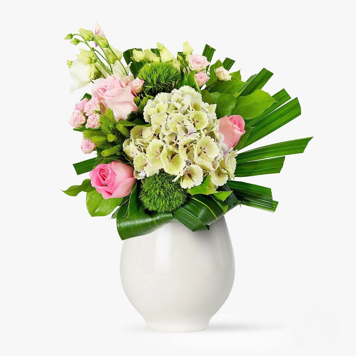 Buchet cu hortensia verde- roz, trandafiri roz, minirosa roz, green trickPink Jungle