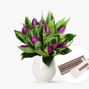 11 purple tulips and chocolate