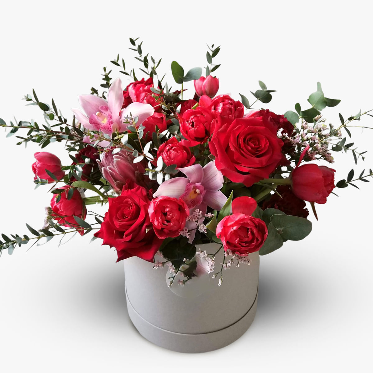 Aranjament in cutie cu lalele, trandafiri, cymbidium vesel