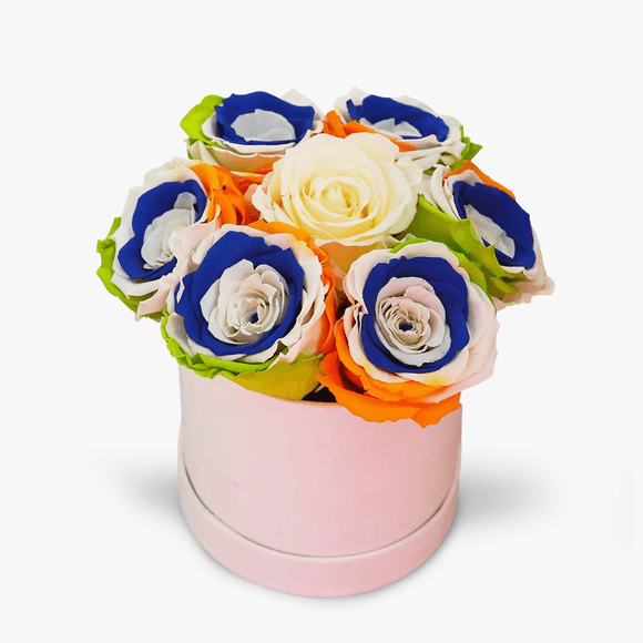 Box with 6 multicolored cryogenic roses and a white rose