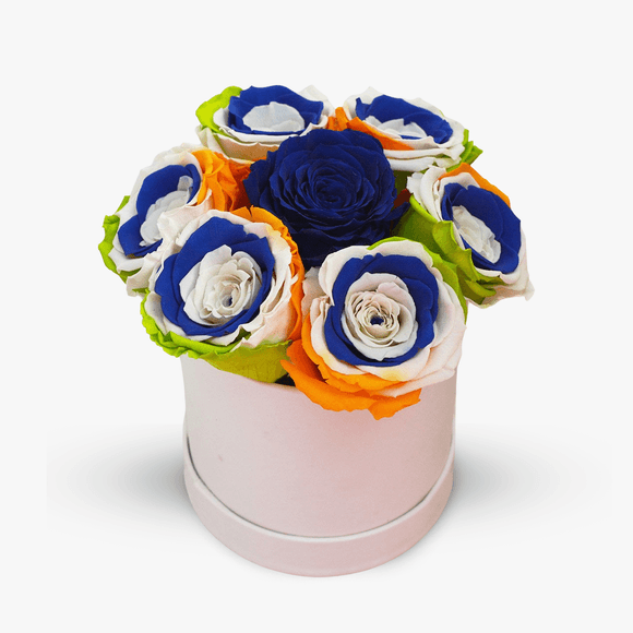 Box with 6 multicolored cryogenic roses and a blue rose