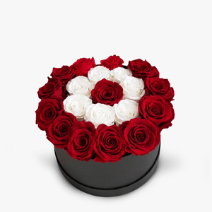 Cutie cu 23 trandafiri rosii si albi criogenati