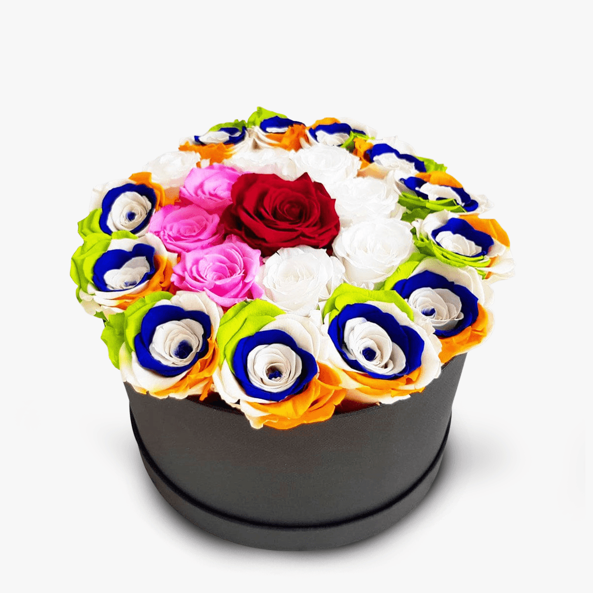 Cutie cu 23 trandafiri criogenati multicolori – Standard