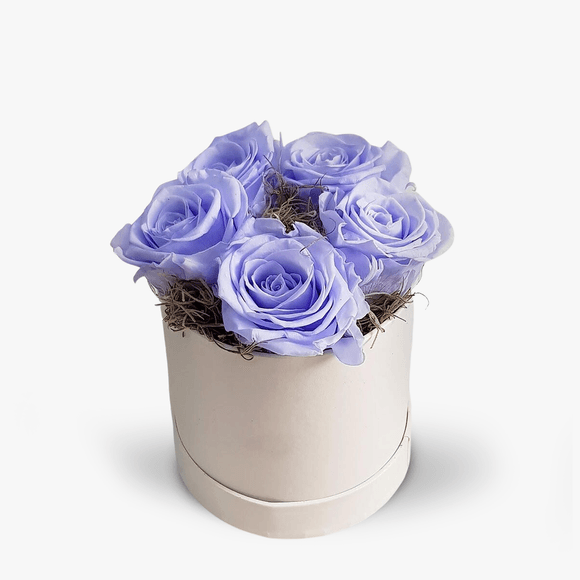 Cutie cu 5 trandafiri lavanda criogenati