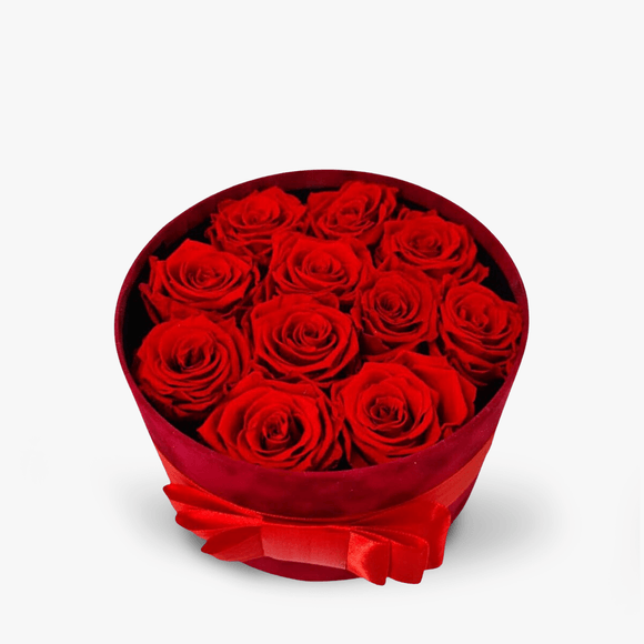 Box with 11 red, cryogenic roses