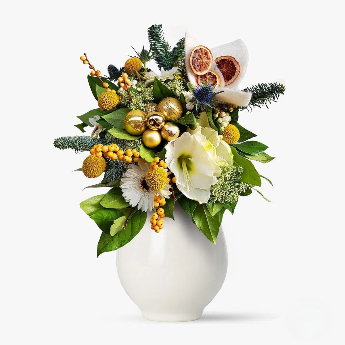 Buchet de flori cu amarylis, trachelium, gerbera alba In spiritul Craciunului