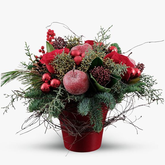 Christmas arrangement with apples and roses