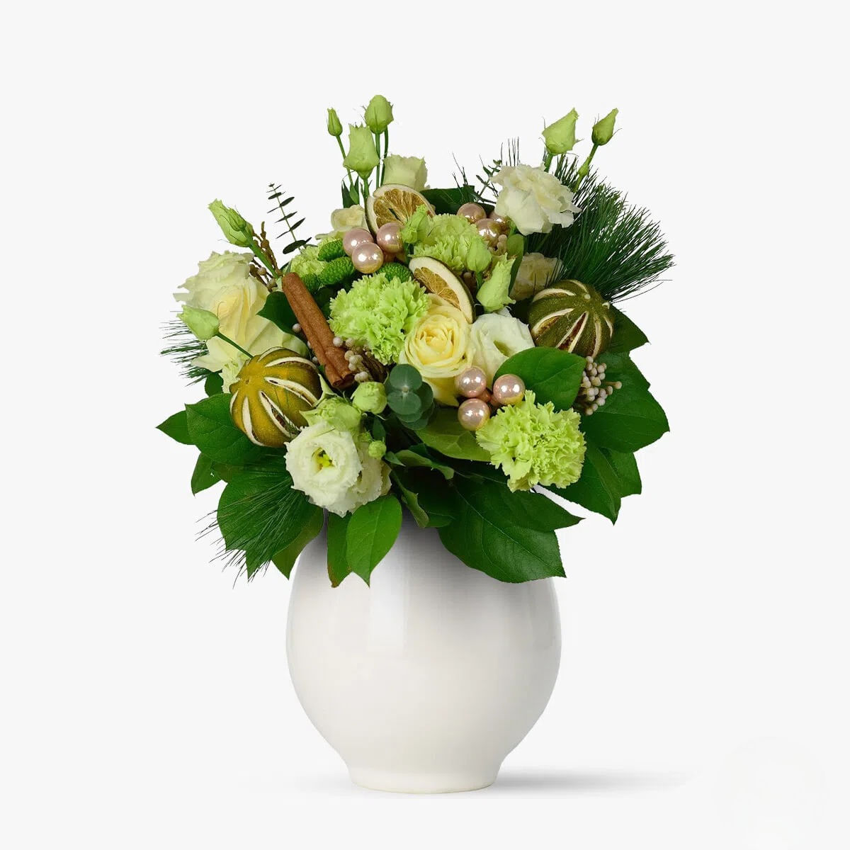 Buchet de flori cu 3 garoafe verzi, 3 trandafiri albi, 4 brunia Dar cu scortisoara