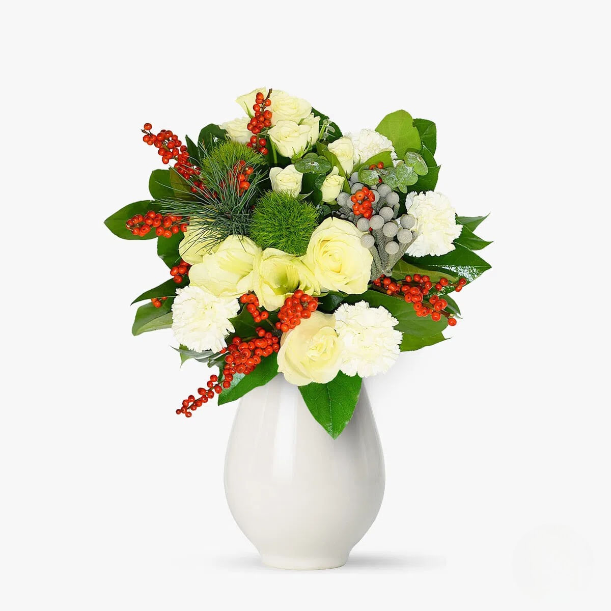 Buchet de flori cu amarylis alb, 3 trandafiri albi, minirosa albi, garoafe albe Colind magic