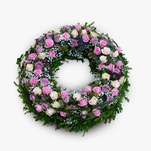 Funeral wreath with pink and purple roses