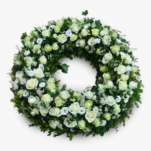 Coroana funerara cu trandafiri albi si lisianthus