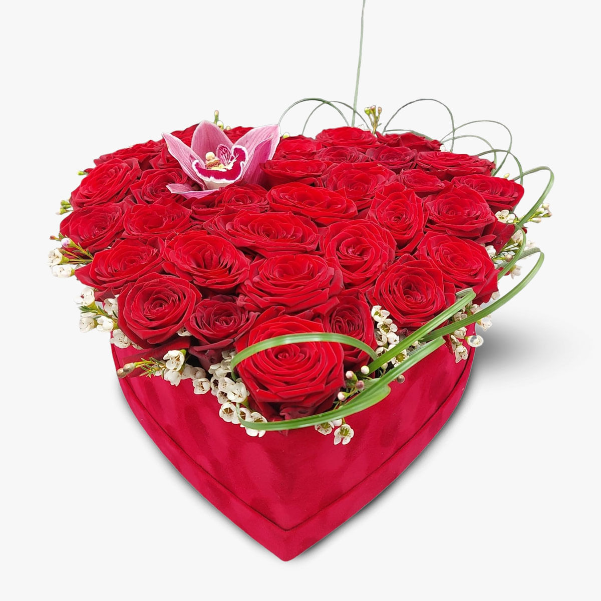 Aranjament in cutie inima cu trandafiri rosii si orhidee Aranjament