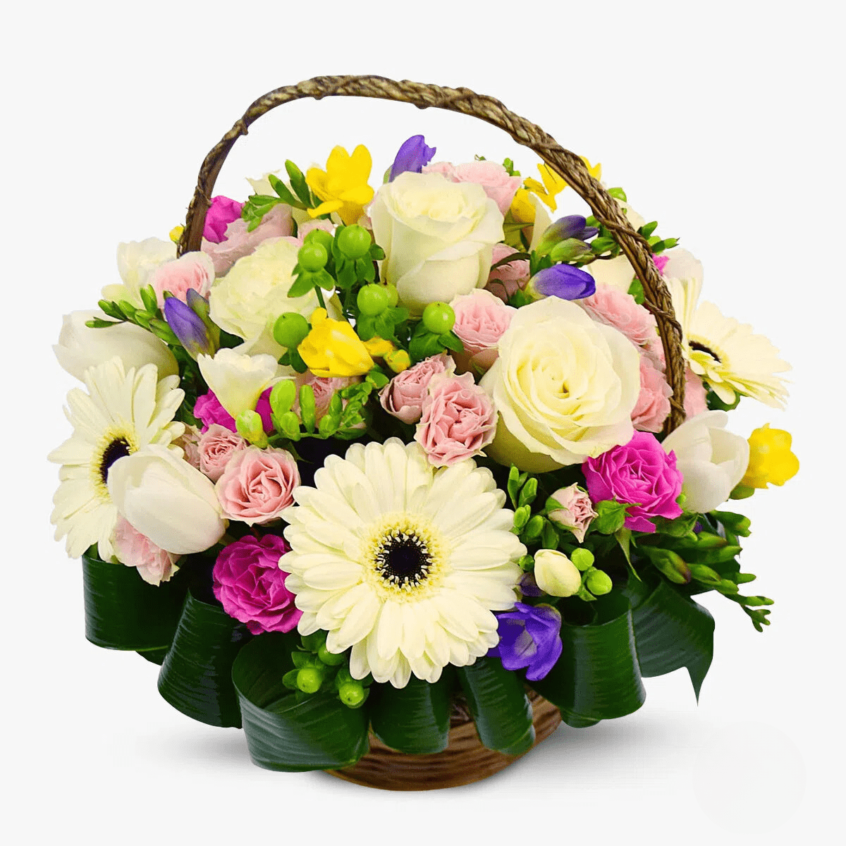 Cos cu flori – Aranjament cu irisi si trandafiri – Standard Aranjament