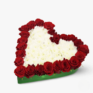 Heart-shaped arrangement with 18 red roses and 15 white chrysanthemums