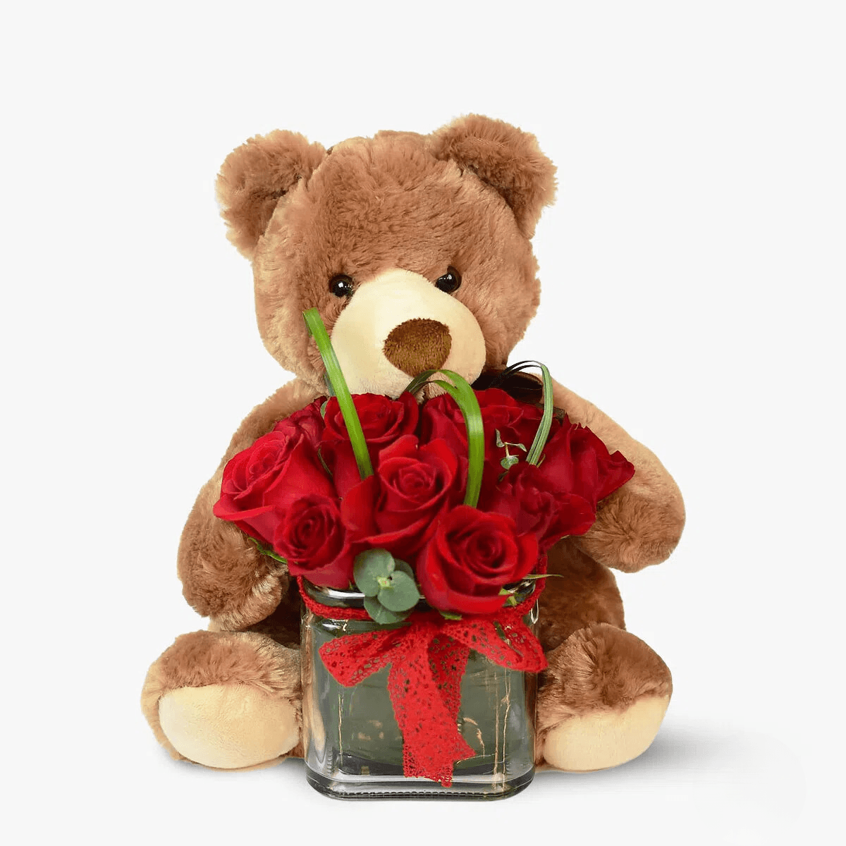 Cubul dragostei cu 11 trandafiri rosii, verdeata decorativa
