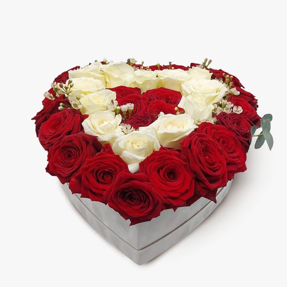 Arrangement in a heart box with 37 white and red roses