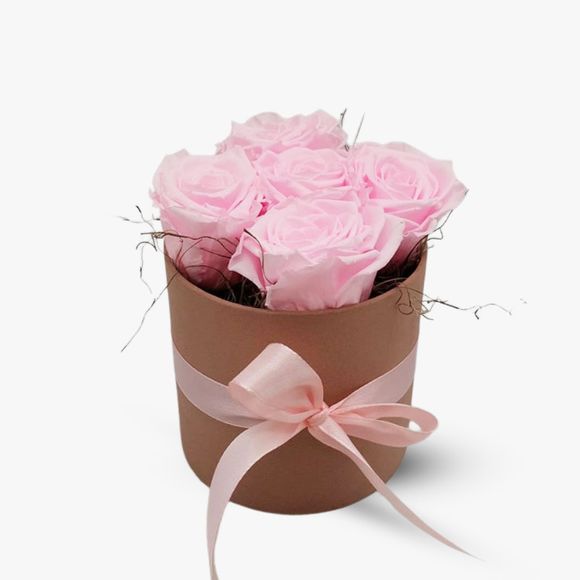 Box with 5 pink, cryogenic roses