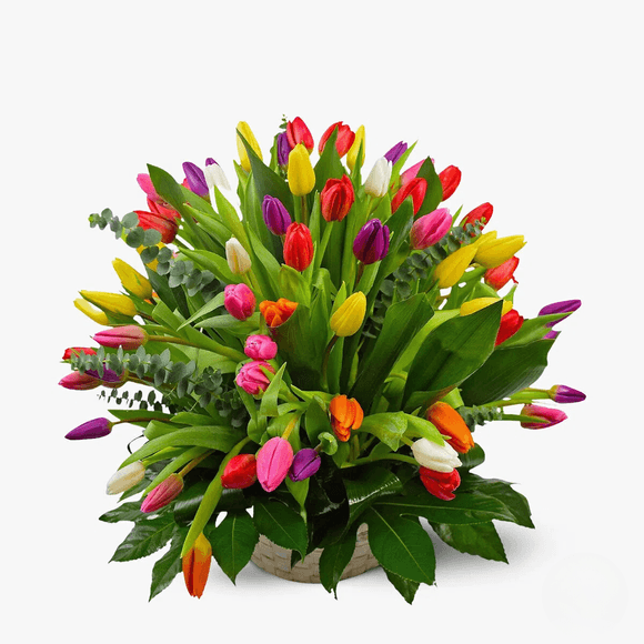 Flower basket - Basket with 101 multicolored tulips