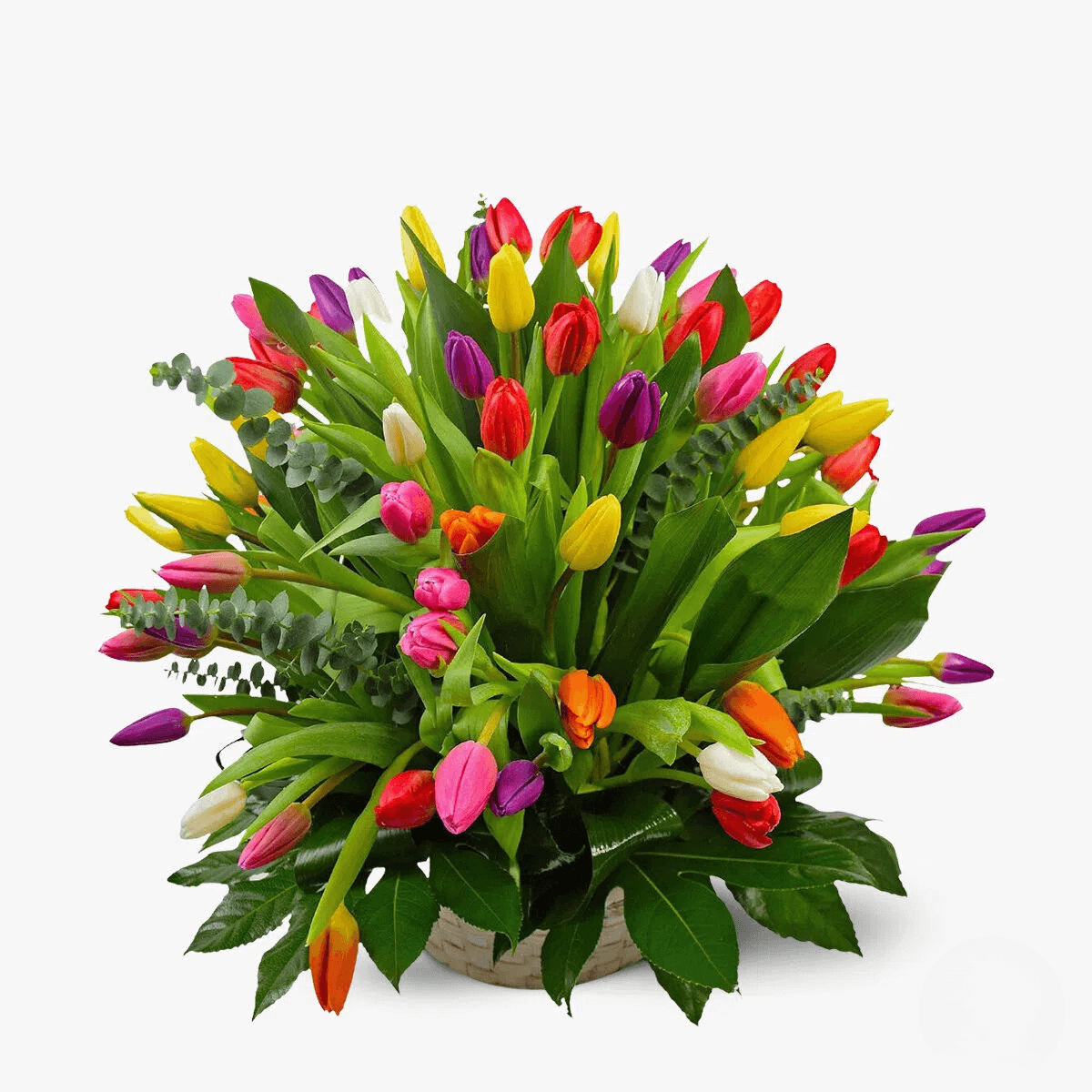 Cos cu flori – Aranjament cu minirosa si lalele – premium Aranjament