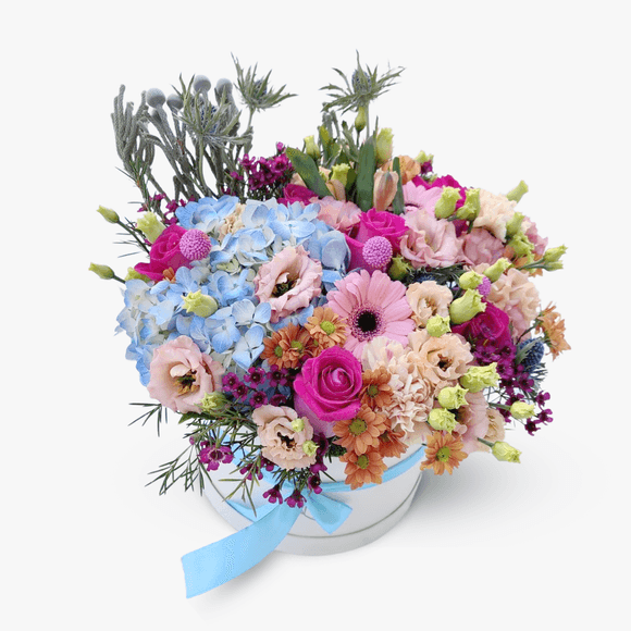 Arrangement in a pink-blue box