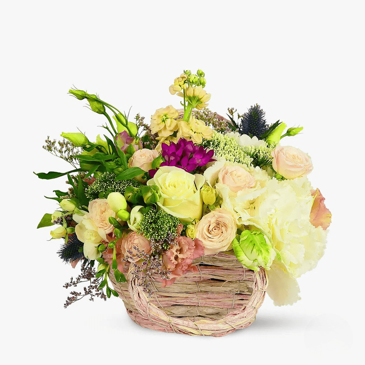 Cos cu flori – Aranjament cu minigerbera si lalele – premium Aranjament