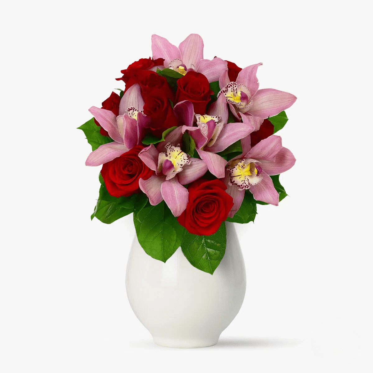 Buchet de flori cu cymbidium, trandafiri Dragoste la prima vedere