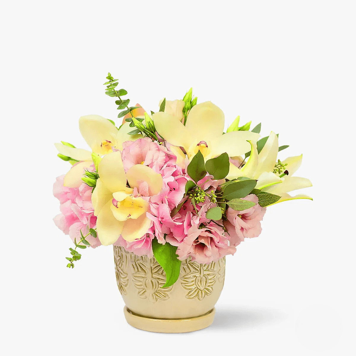 Buchet de flori cu hortensie roz, 1 crin imperial alb, cymbidium si lisianthus Aranjament floral Elegant