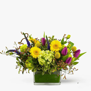 Arrangement with gerbera, tulips and lemon