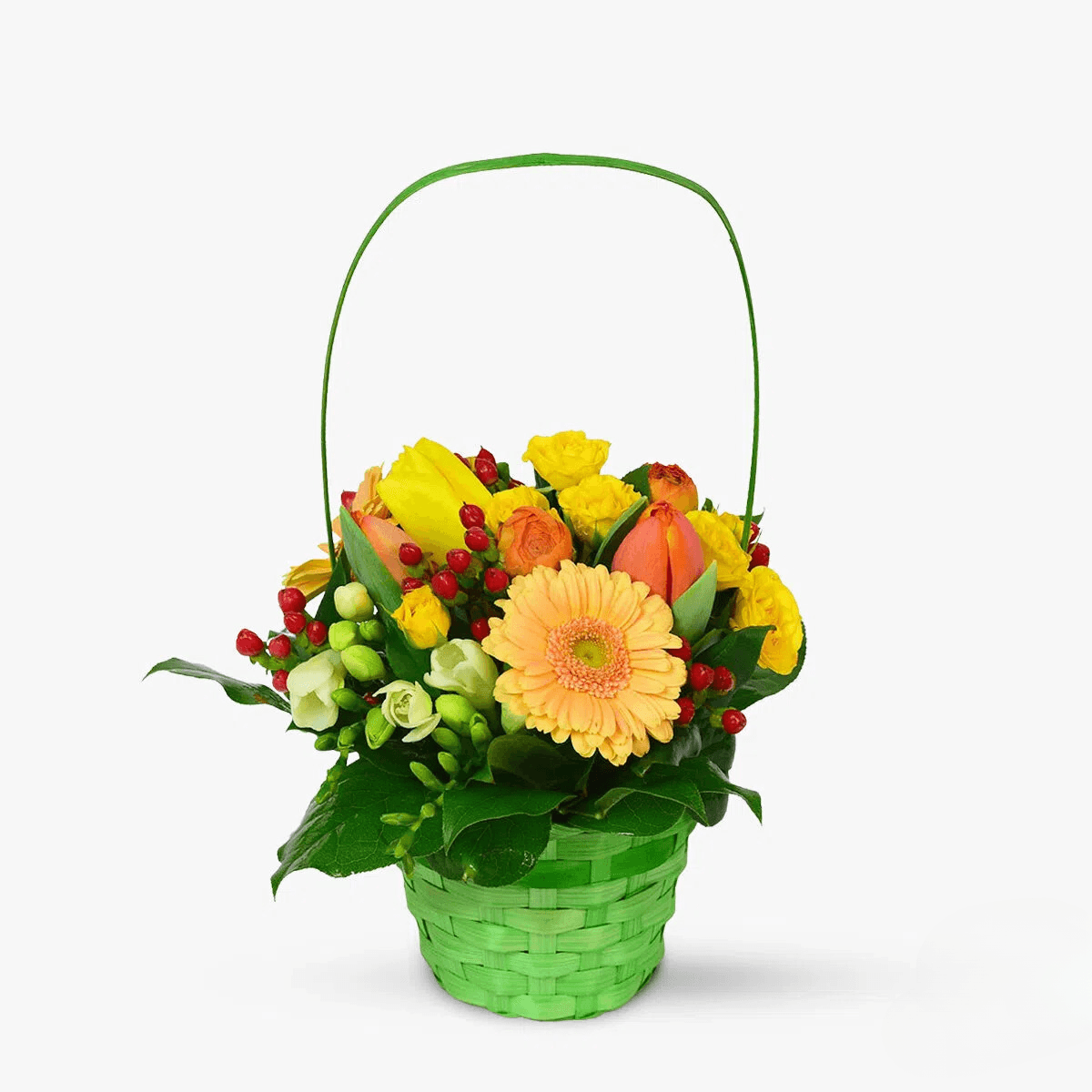 Cos cu flori – Aranjament cu minigerbera si lalele – Standard