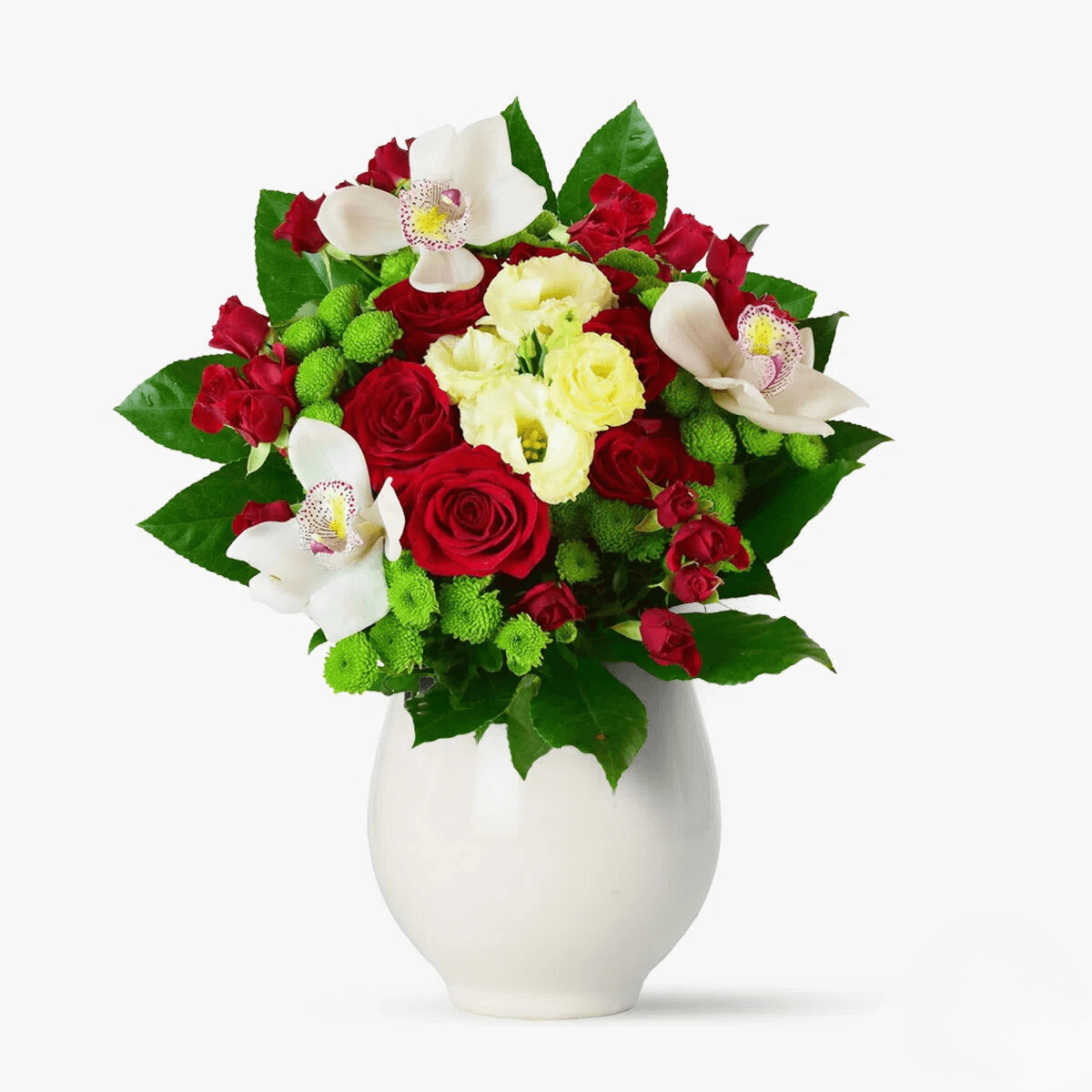 Buchet din flori cu trandafiri rosii, 6 santini, minirosa rosii, lisianthus alb Ploaie de sentimente