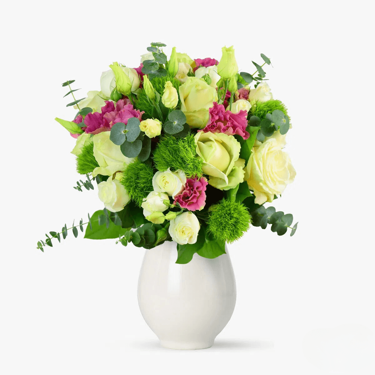 Buchet de flori cu greentrick, trandafiri albi, minirosa alb, Micul Paris