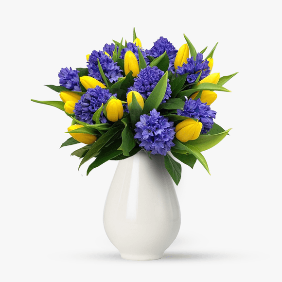 Bouquet with purple hyacinths and yellow tulips