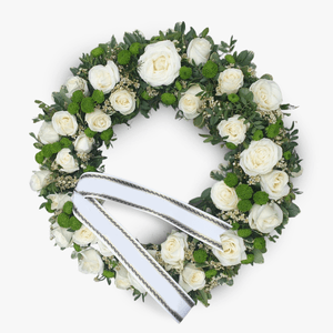 Coroana funerara cu trandafiri albi si santini