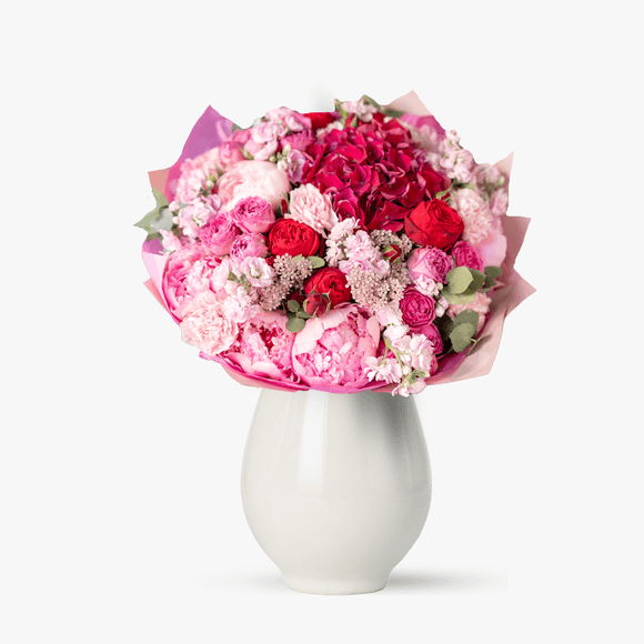 Bouquet with pink peonies and hydrangea