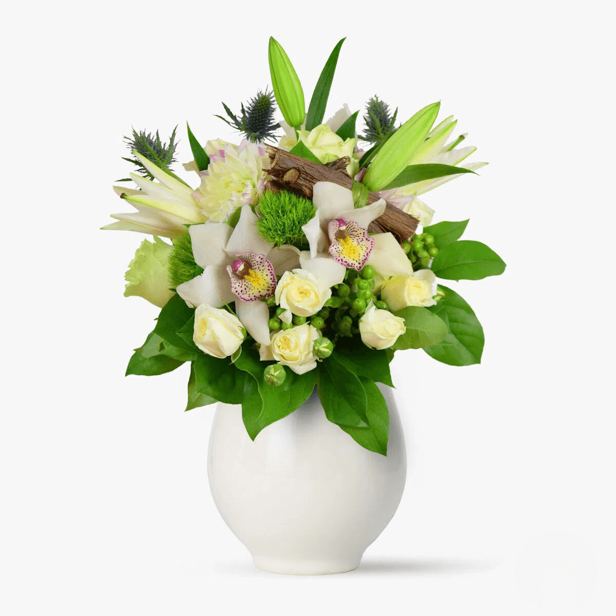 Buchet de flori cymbidium alb, trandafiri lime, crini, dalii Regalitate