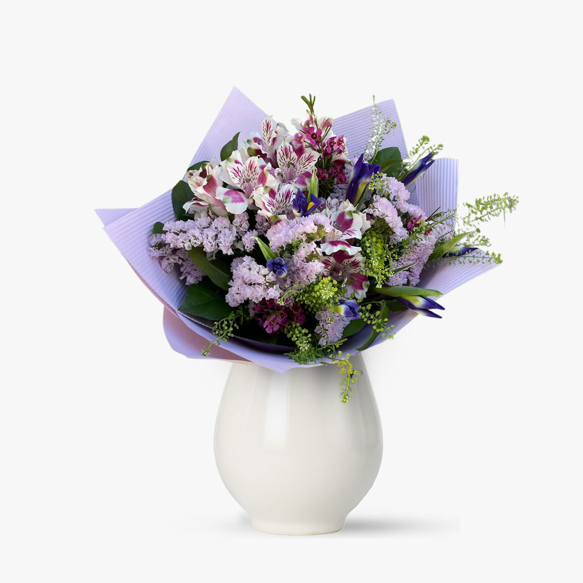 Buchet de flori cu alstroemeria, iris, wax, limonium Gradina de vara