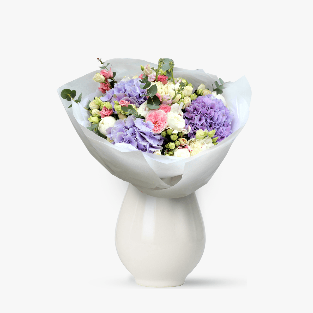 Buchet de flori cu hortensie,spray, bujori, lisianthus multicolor
