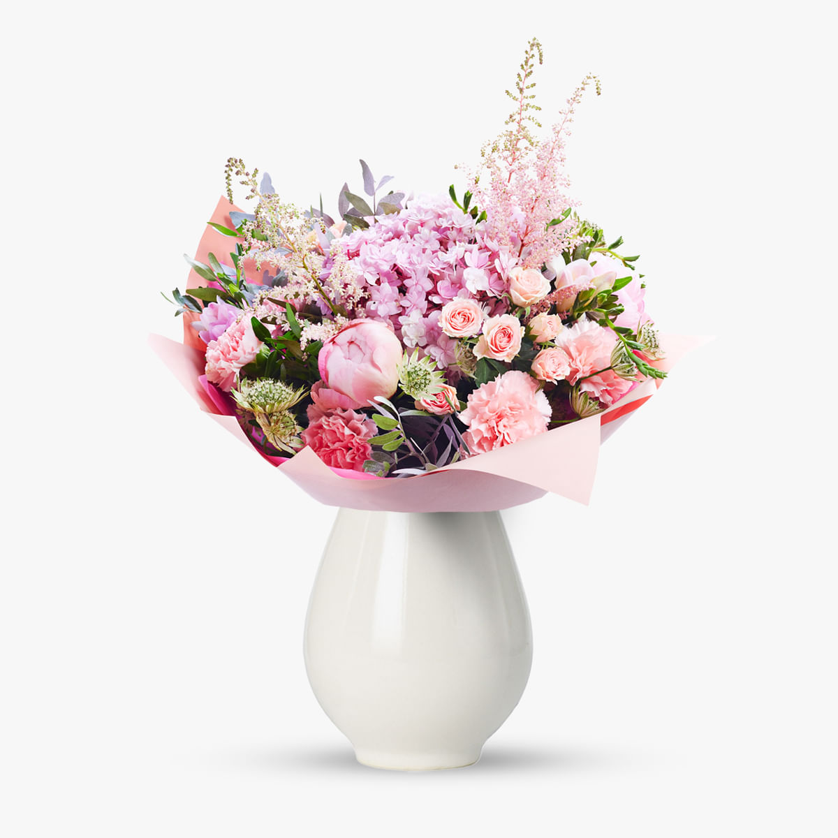 Buchet roz cu bujori, hortensie si trandafiri – Standard Buchet