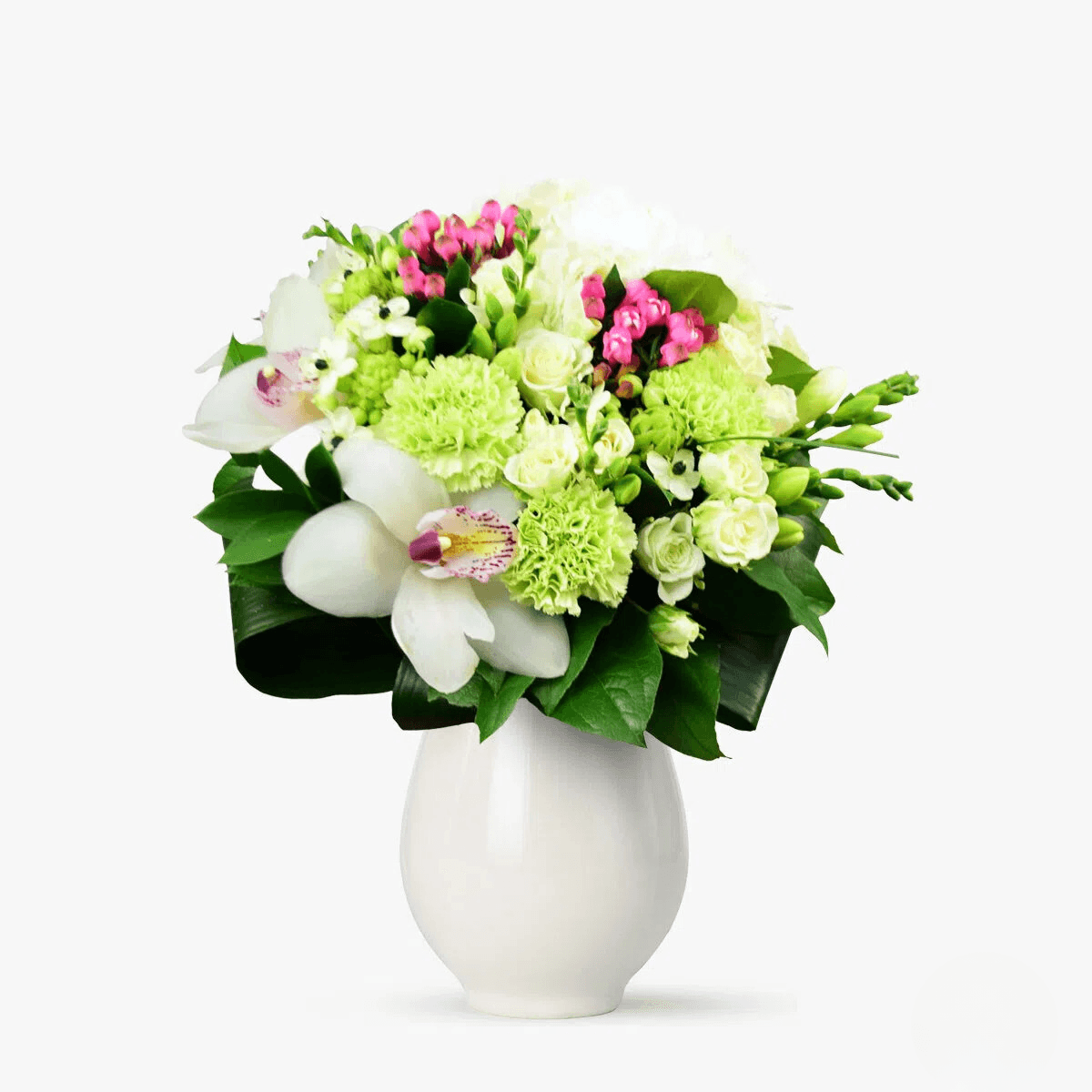 Buchet de flori cu cymbidium alb, garoafe verzi, ornithogalum Farmecul Reginei Maria