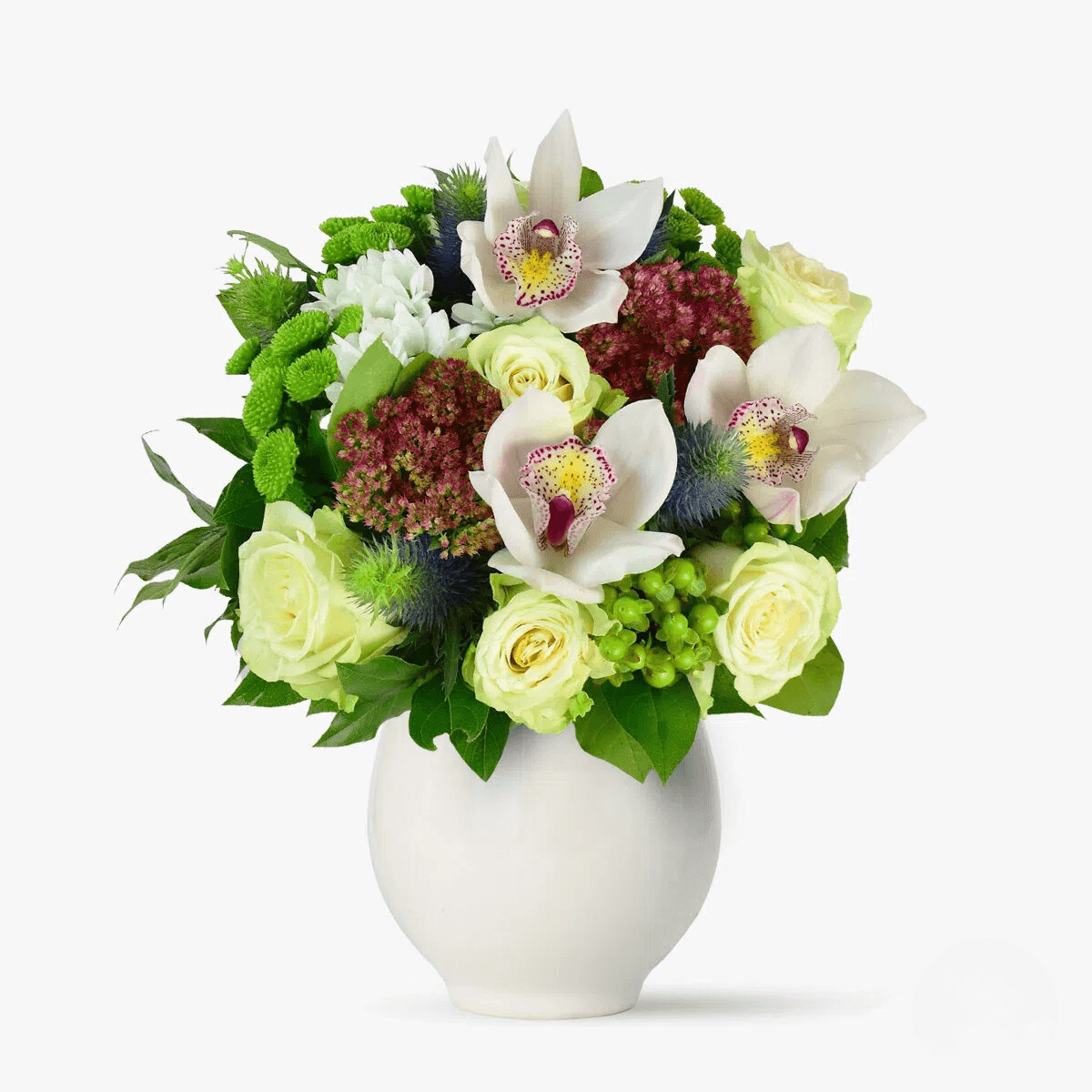 Buchet de flori cu trandafiri albi, sedum, cymbidium Maiestuozitate