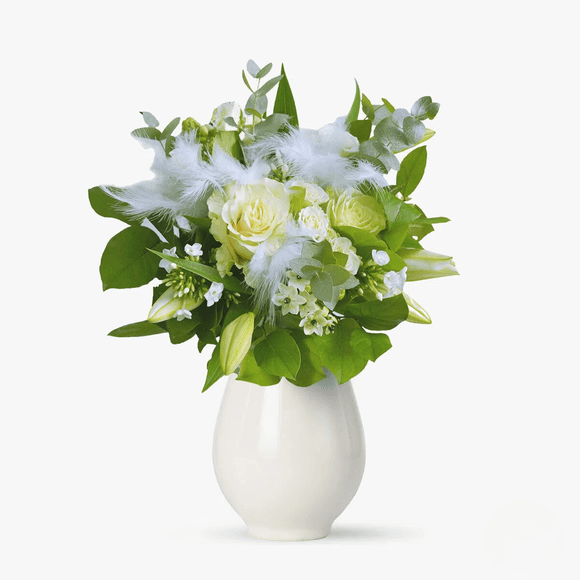 Bouquet with lilies, eucalyptus and roses