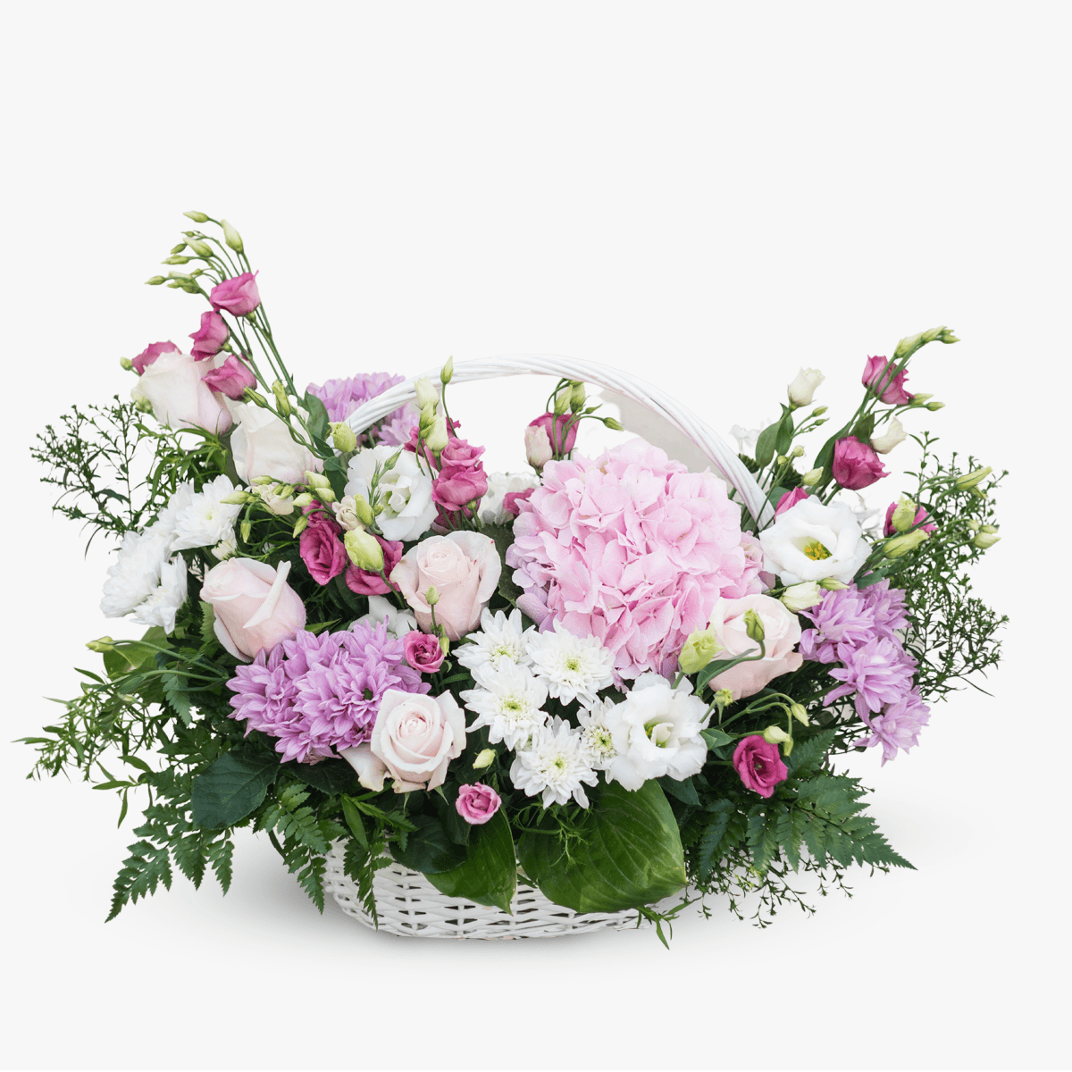 Aranjament floral cu hydrangea roz, 6 lisianthus mixt, 5 crizanteme mixt, 6 trandafiri roz, 2 limonium plin de dragoste