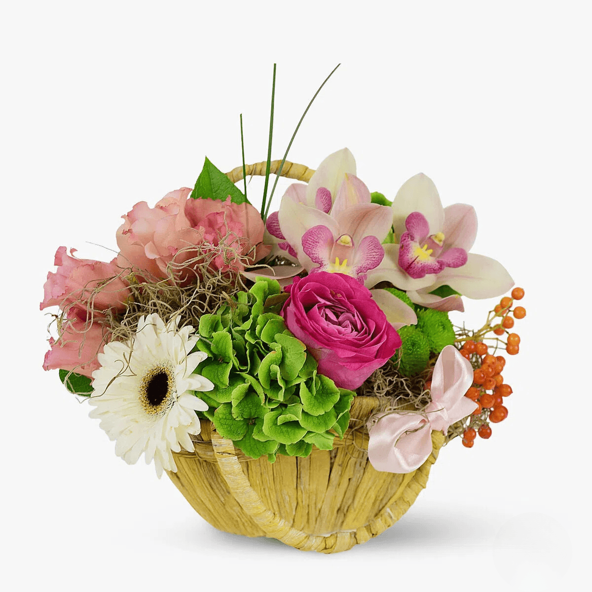 Cos cu flori cu 1 hortensia verde, 3 cupe cymbidium roz, 1 gerbera alba, 1 lisianthus roz Adiere calda