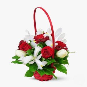 Flower basket - Arrangement with irises and roses